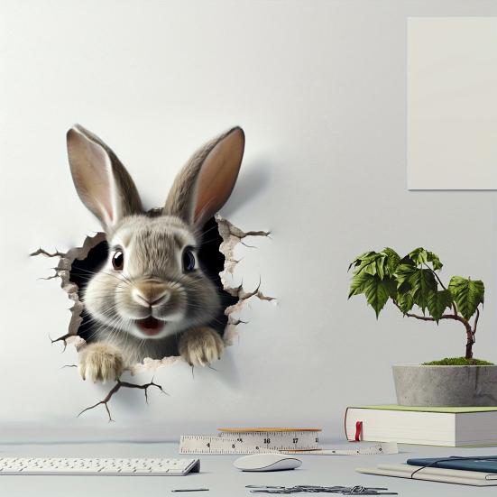 Yousheng Breaking Wall Rabbit Wall Sticker Waterproof PVC Self-adhesive Home Office Living Room 3D Effect Bunny Wall Art Decoration Decal