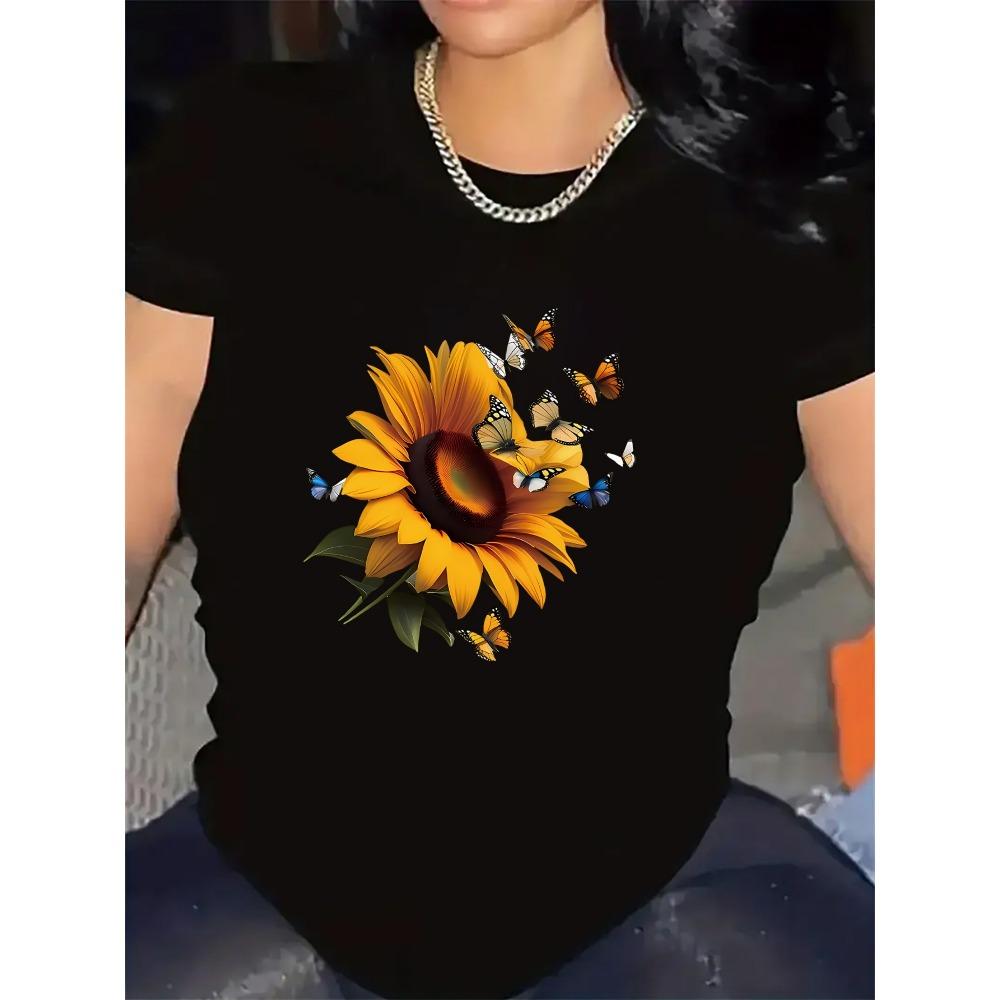 

Short Sleeve T-Shirt with Sunflower and Butterflies Design Harajuku Short Sleeve Casual Clothing Street Tops Clothes S