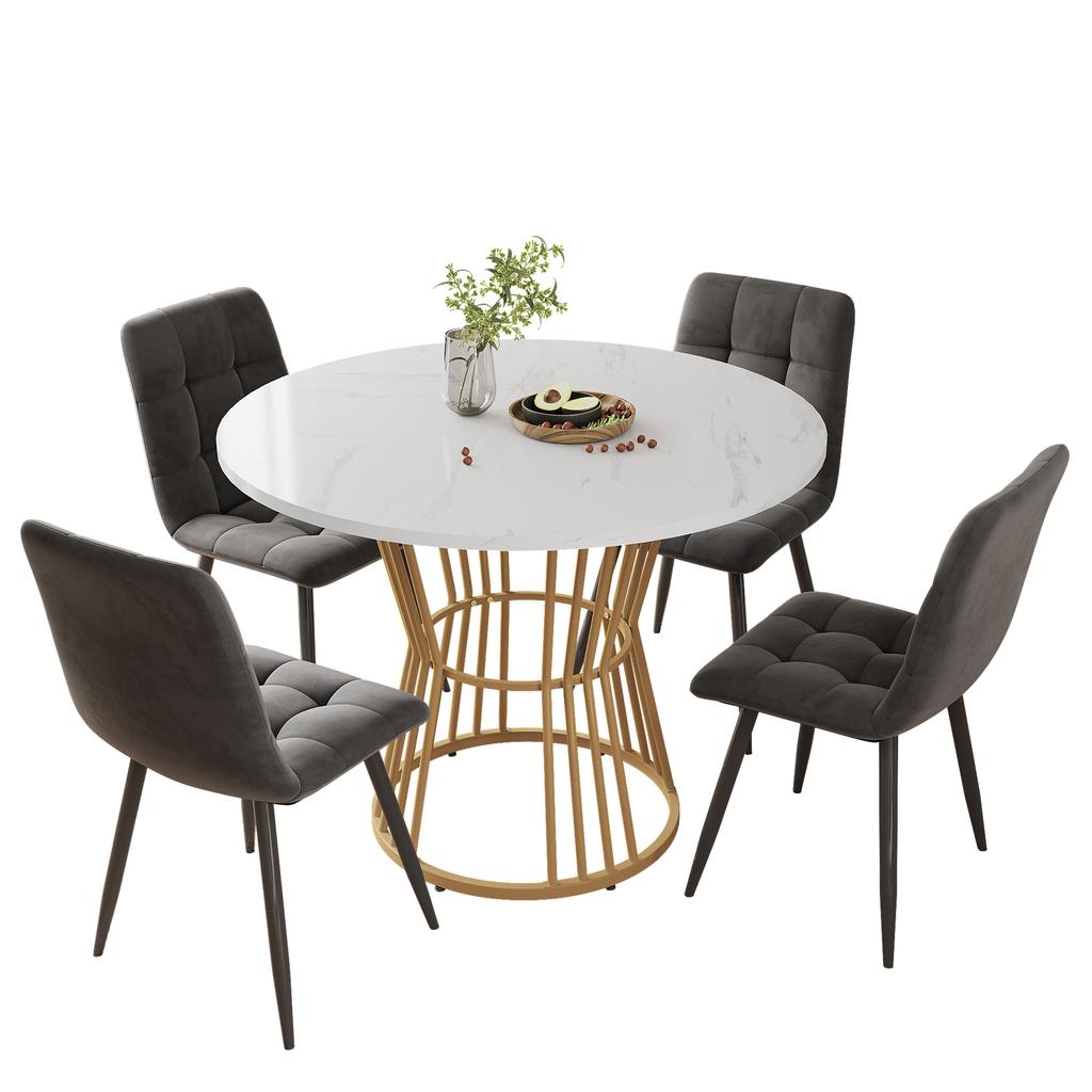 Esstischset (5-teilig), runder Esstisch mit 100 cm Durchmesser und goldenen Metallbeinen, weiße MDF-Tischplatte, Esszimmerstühle aus dunkelgrauem Samt