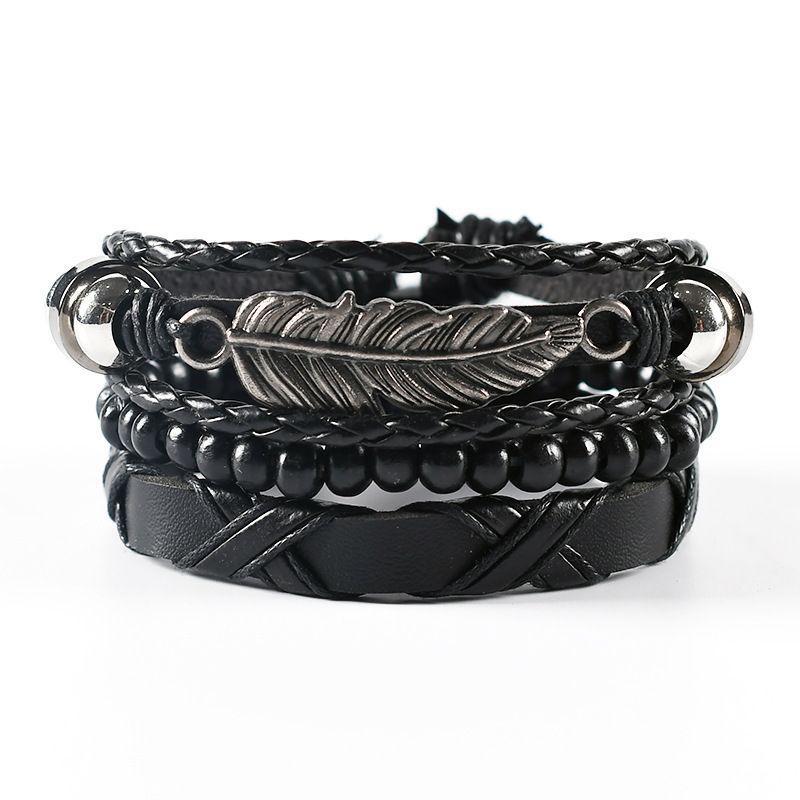 4Pcs/ Set Braided Wrap Leather Bracelets for Men Vintage Life Tree Rudder Charm Wood Beads Ethnic Tribal Wristbands