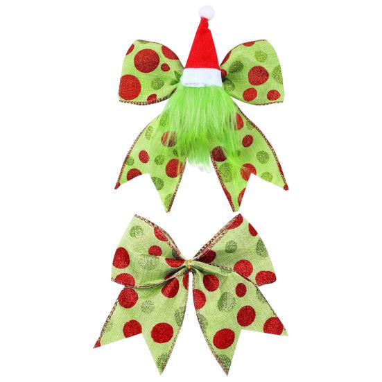 12 Pcs Red Green Dot Christmas Bow Rustic Burlap Bow with Green Furry Hair And Santa Hat for Xmas DIY Crafts Party Decoration