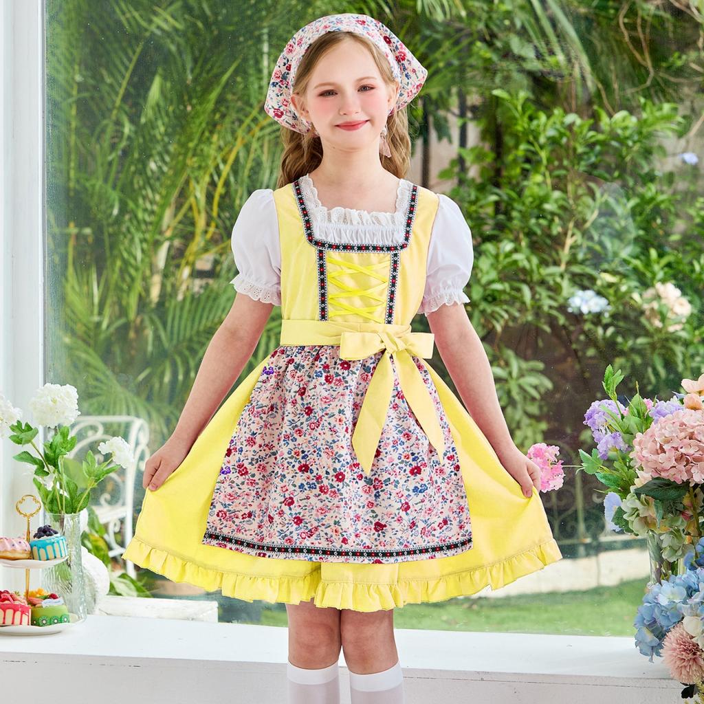Girls Traditional Farm Dress with Apron and Headscarf Bavarian Oktoberfest Costume for Kids Rustic Country Style Outfit