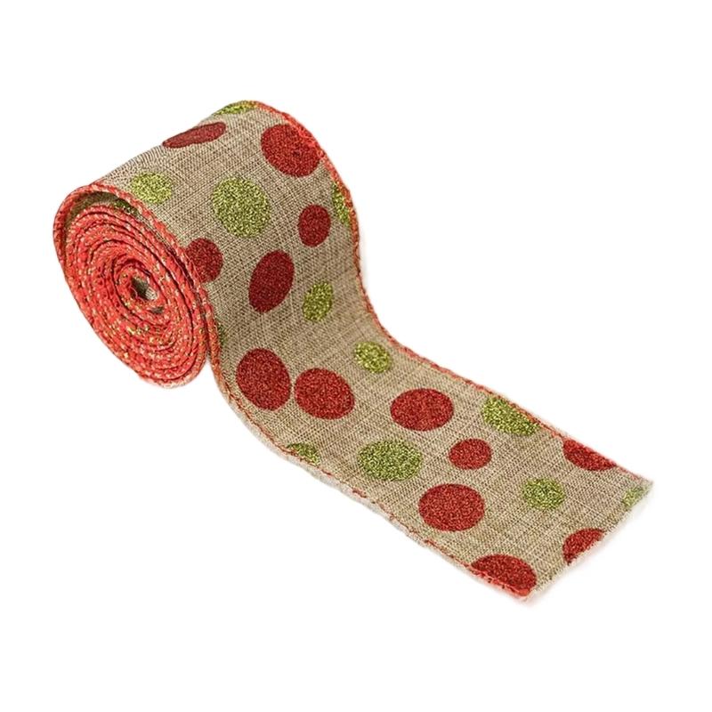 5Yards Round Dot Burlap Ribbon With Wire Edges For Christmas Tree Decorations Crafts Gift Wrapping