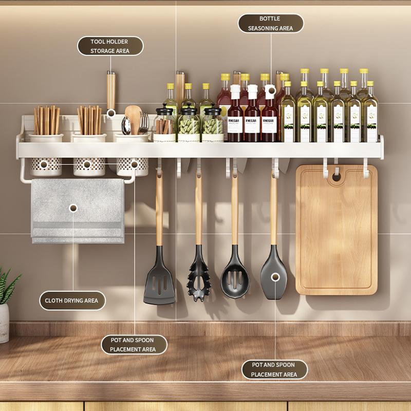 2023 White Kitchen Organizer Rack Multi-Functional Seasoning Knife Rack Wall-Mounted Storage Chopping Board Seasoning Rack