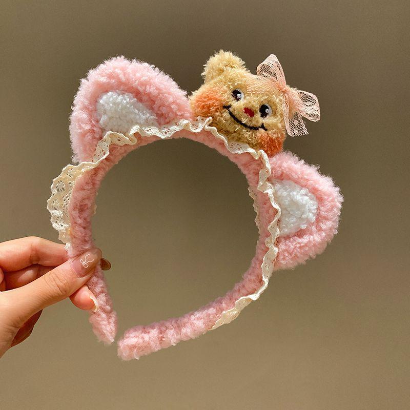 Cartoon Bär Spitzenstirnband mit Schleifenohren - Niedliches Plüsch-Haaraccessoire