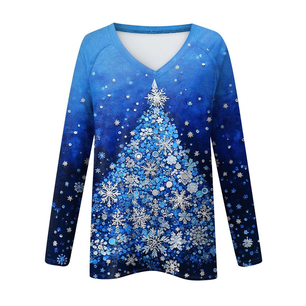 Women's Casual Christmas Printed V Neck Long Sleeved Top