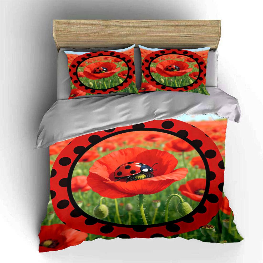 Ladybug Poppy Themed Decor Set Soft Comfortable Duvet Cover Bedding Set Included 1*Duvet Cover & 2*Pillowcases, Gift