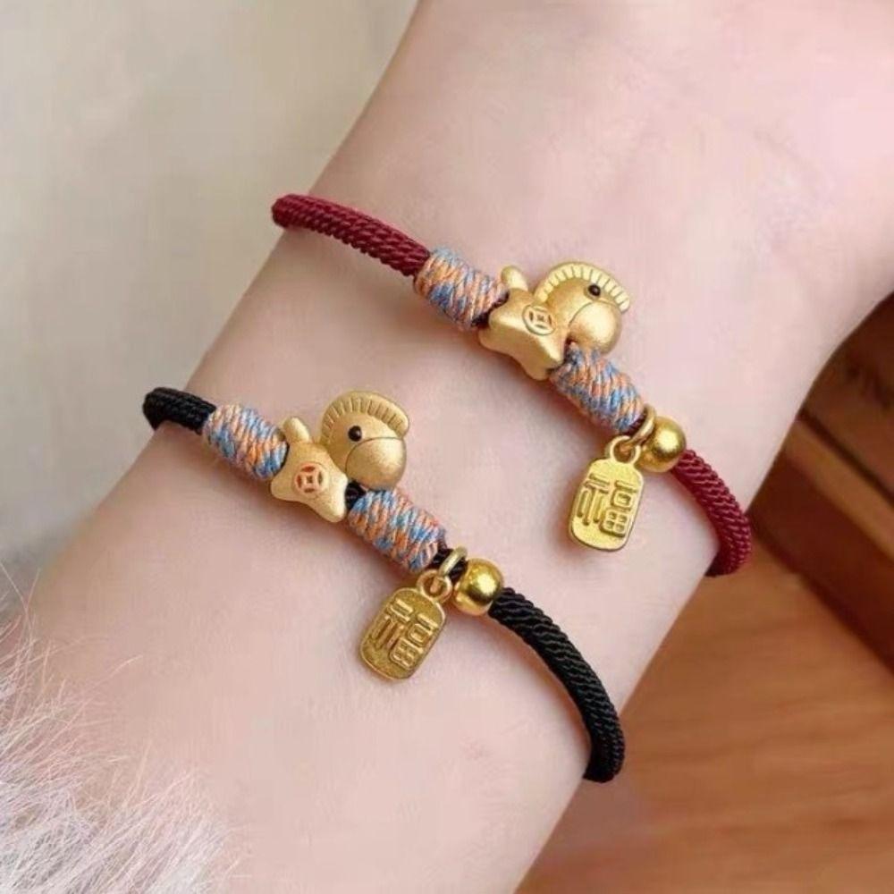 Chinese Style Horse Year Bracelet New Year Hand Rope 2026 2026 Horse Year Lucky Pony Red Rope Zodiac Horse Fu Character Pendant