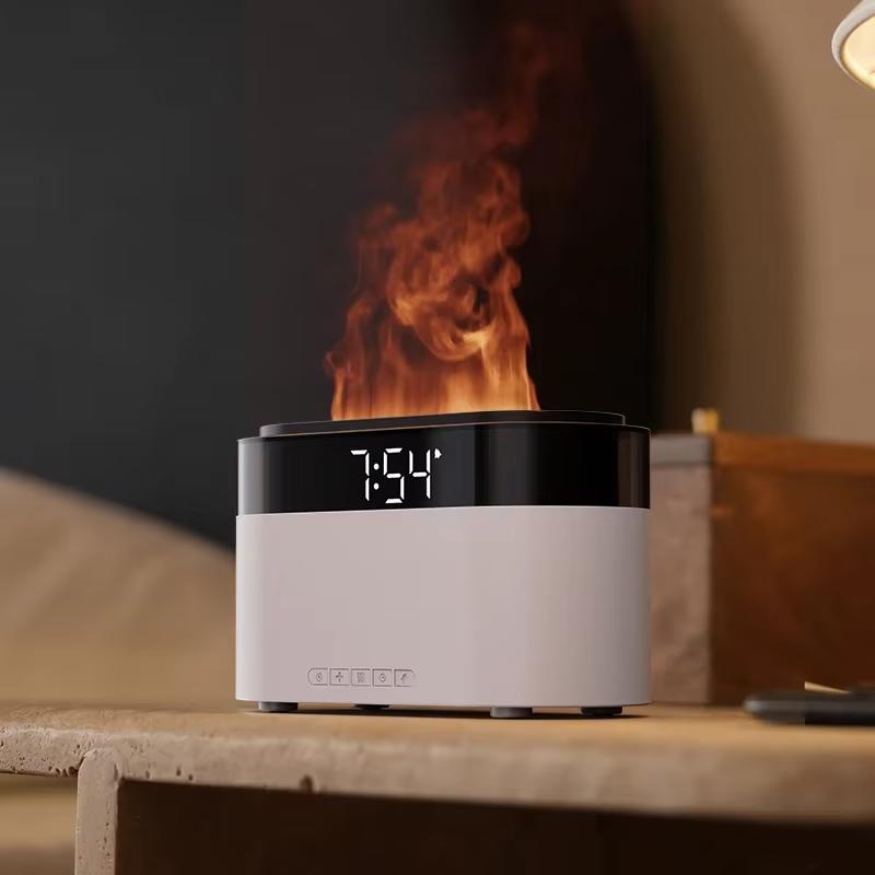 Clock Flame Effect Aroma Diffuser Essential Oil Humidifier Desktop Home Alarm Display Mist Device