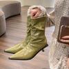 Stylish Retro Pointed High-heeled Short Boots for Women, Autumn Thin-heeled Kittens and Soft Leather Pile Boots for Women