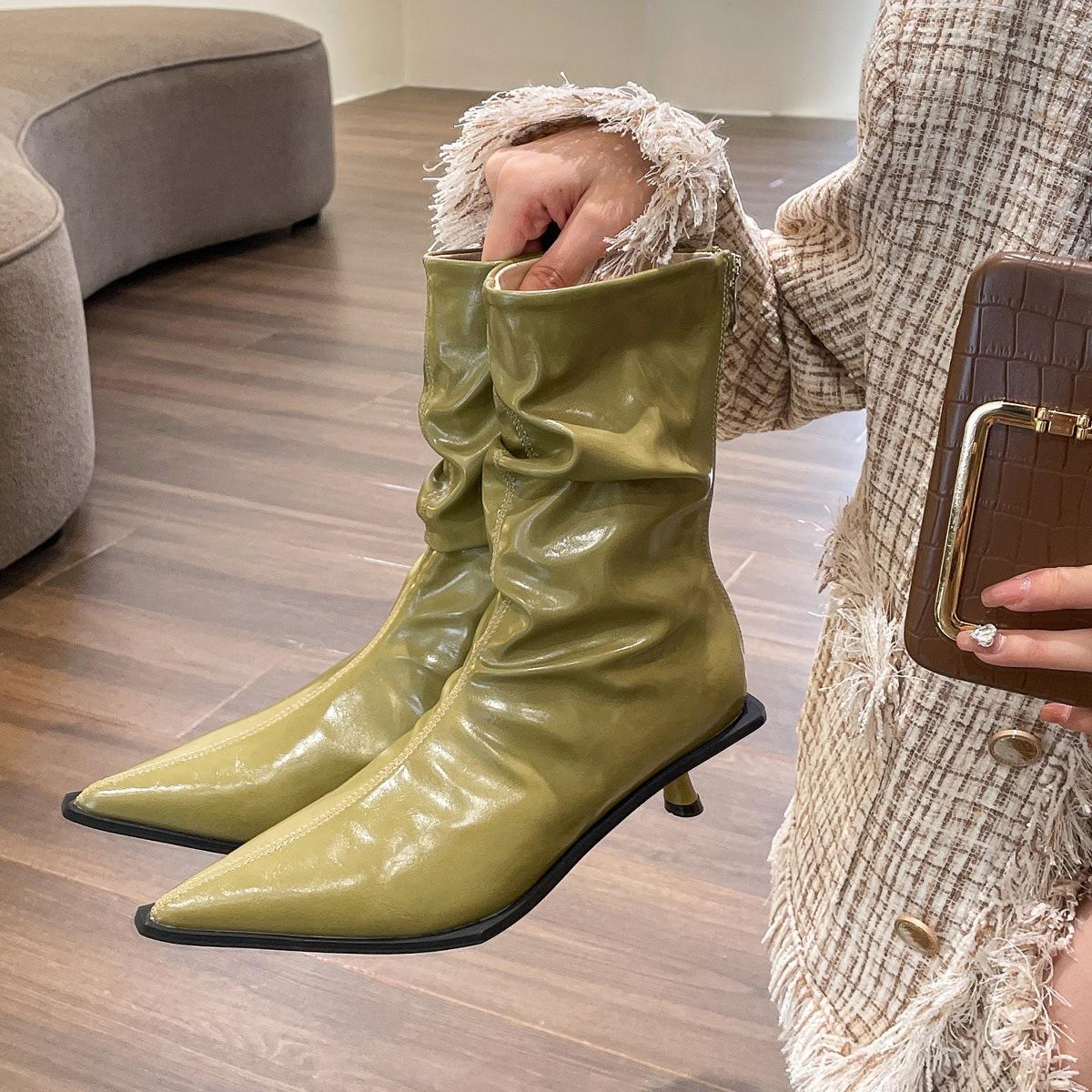 

Стильные ретро остроносые короткие сапоги на высоком каблуке для женщин, осенние тонкокаблучные котята и мягкие кожаные сапоги-чулки для женщин 39 зелёный