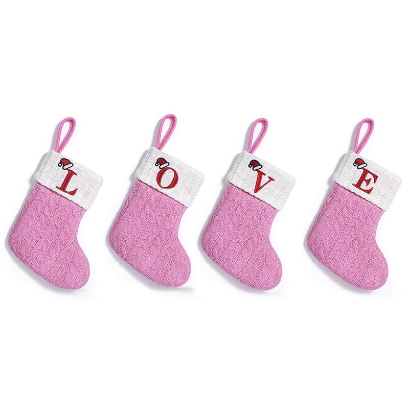 1PC Pink Christmas Socks Letter Embroidered Gift Pendant Knitted Letter Christmas Socks 3d Pendant Gift Bag