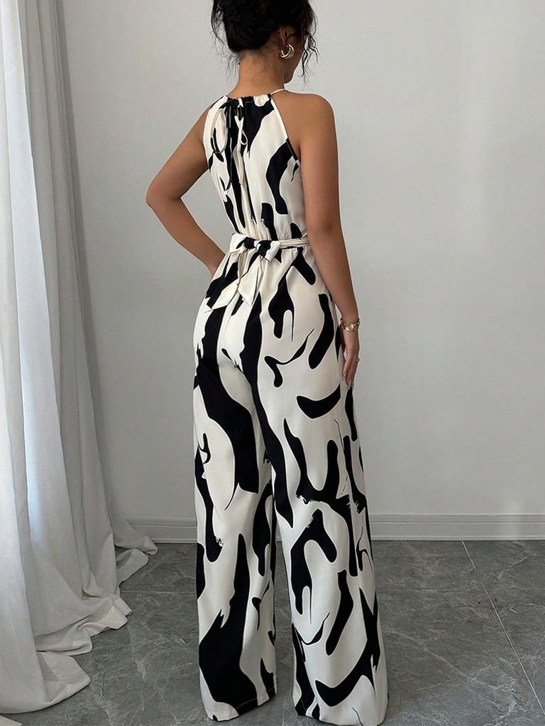Women's Summer Neck Tie Front Jumpsuit, Sleeveless Long Pants Outfit for Beach and Daily Wear