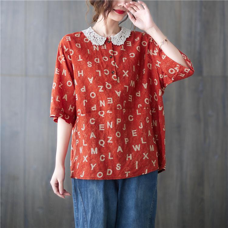 MOJTA Sommer Plus Size Damen Spitzenkragen Bedrucktes Kurzarmhemd Lockeres dünnes T-Shirt