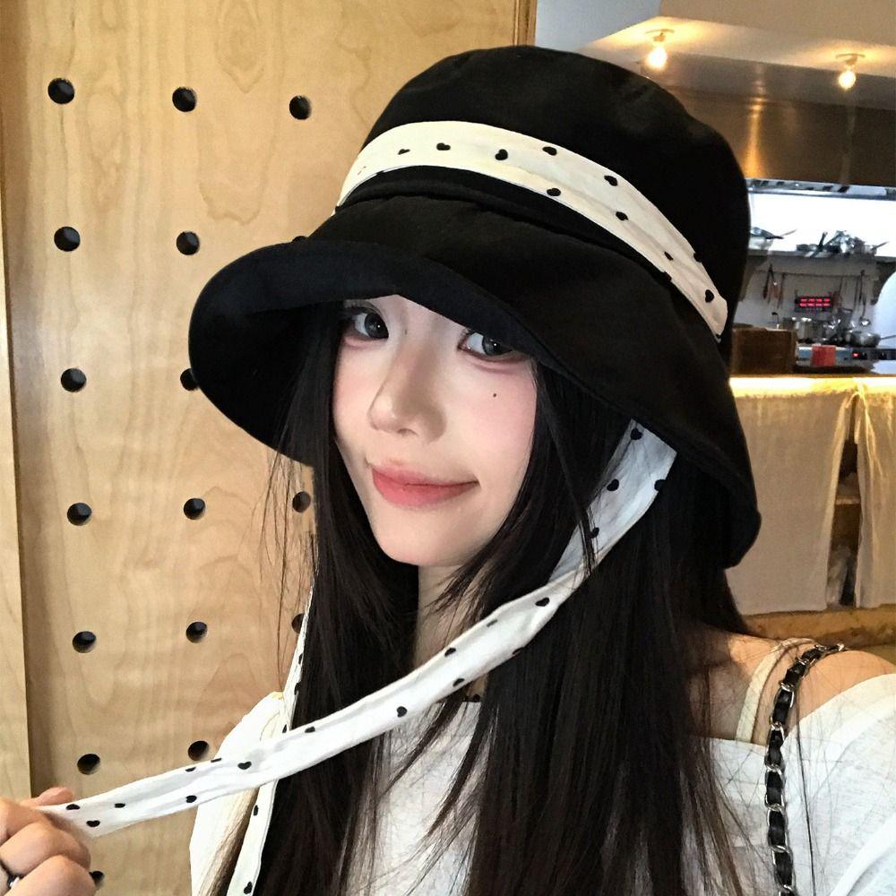 Lace Summer Sun Hat Polka Dot Ribbon Bucket Hat Fashion Sunshade Hat Girl