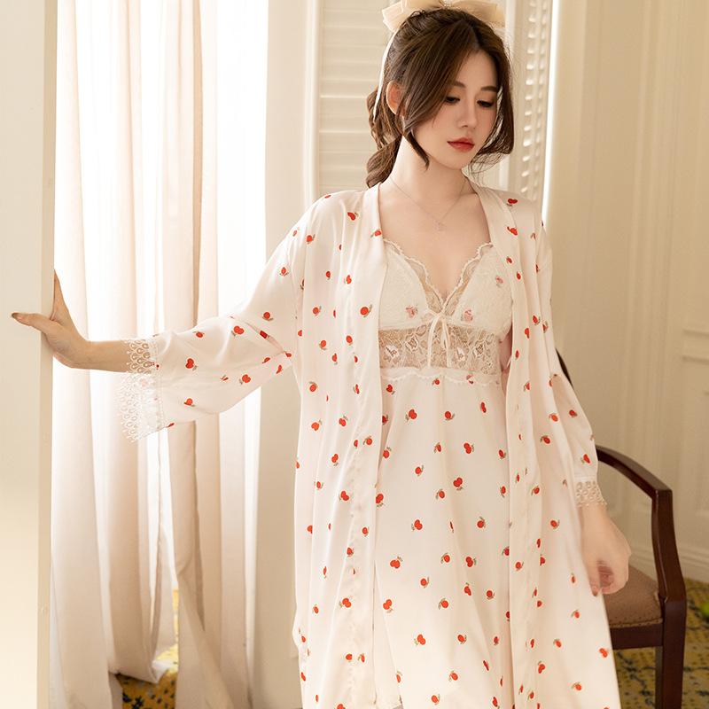 1011 New Ice Silk Sexy Pajamas Two-piece Set Women's Spring and Summer Long Sleeve Suspender Thin Loungewear with Chest Pad
