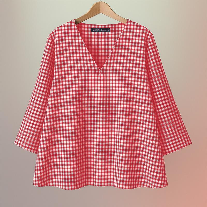ZANZEA Bluză casual de damă cu gât în V, mâneci 3/4, croială lejeră și imprimeu carouri.
