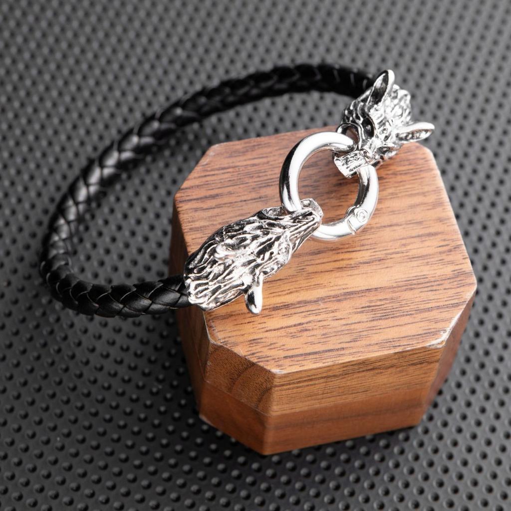 Punk Leather Wolf Head Bracelet Handwoven Beaded Bracelet Men'S Personality Cycle Chain Hand Jewelry
