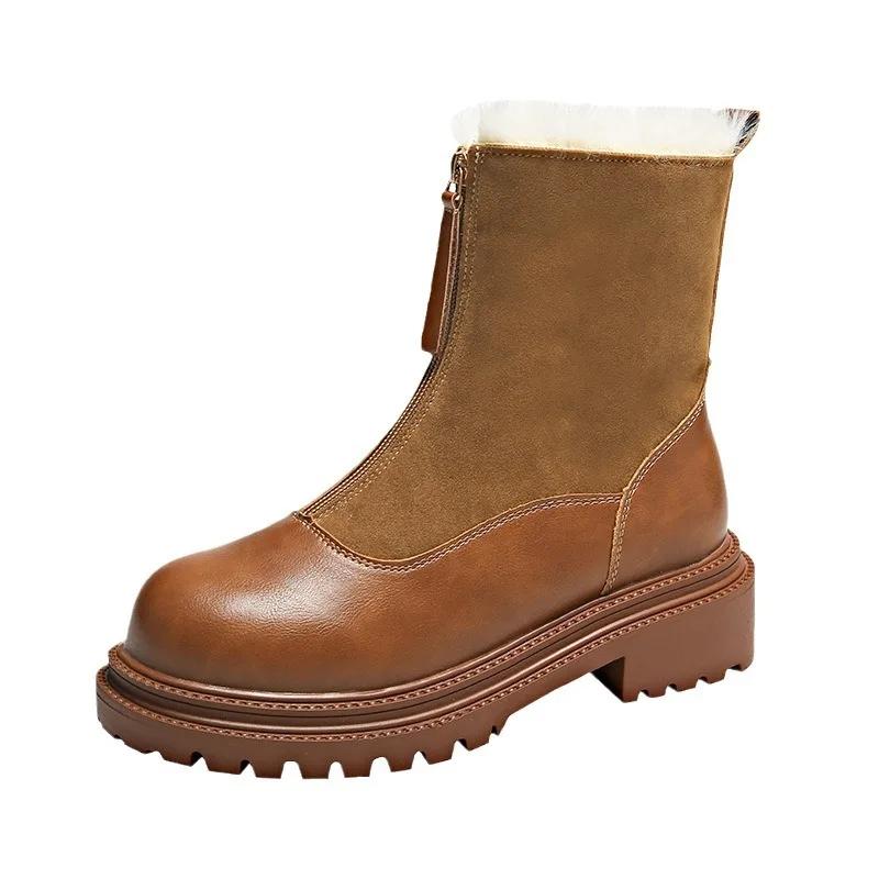 Fashion Women Boots Warm Anti Slip Platform  Winter Retro Plush New Round Toe Zipper Comfortable Outdoor Ankle Boots Women's Shoes