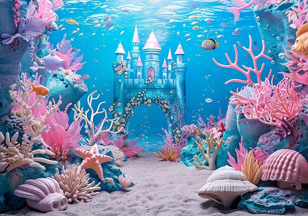 Underwater World Castle Underwater Mermaid Theme Party Backdrop Cloth, Children s Birthday Party Decoration Photography Backdrop Vinyl 75X50cm