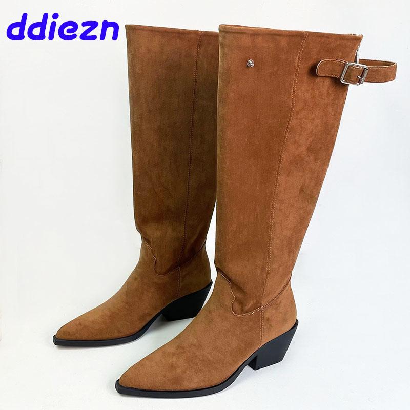 

Fashion Footwear Ladies Western Booties Female Designer Buckle Strap Fashion Pointed Toe Women Knee High Boots With Square Heels Shoes 5(foot 225mm) коричневый