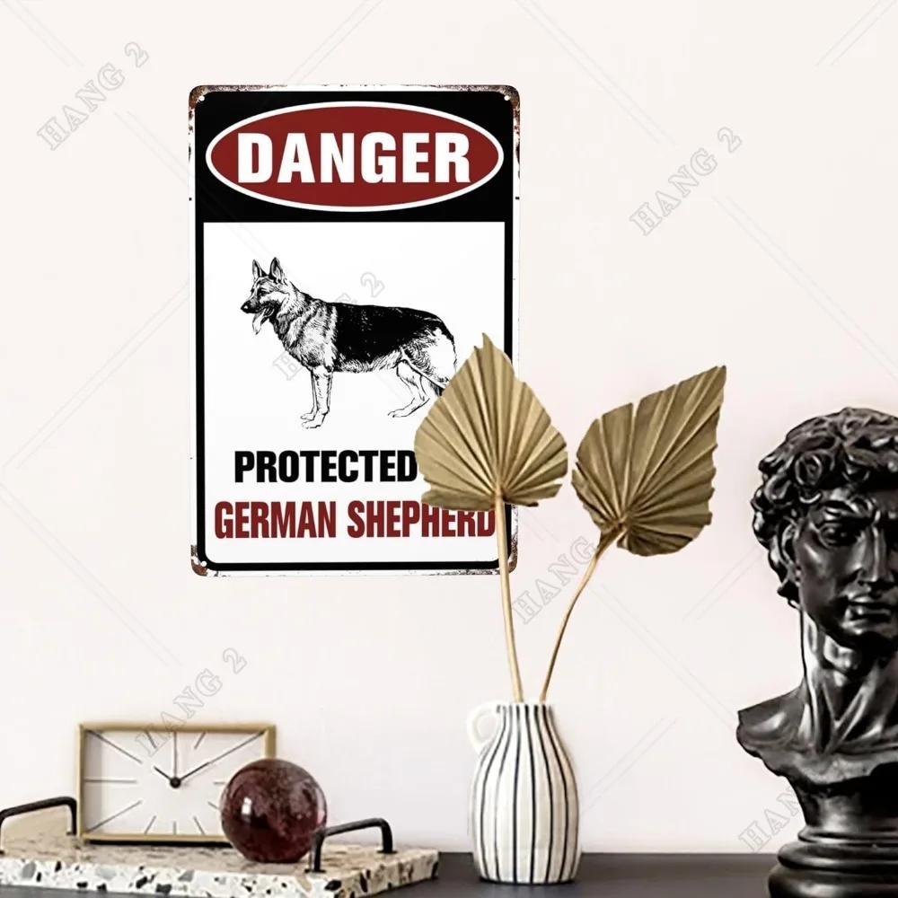 Atenție Câine Avertisment Placă Metalică Semne Metalice Ciobanesc German Poster Alb-Negru pentru Gard Fermă Germană Exterior Casă