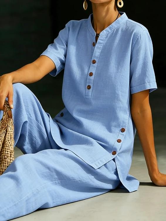 2026 European & American Casual Button-down Shirt and Wide-leg Pants Linen Set
