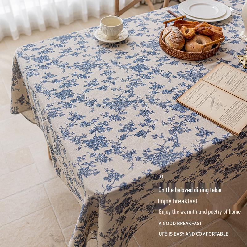 Nordic Style Blue Floral Cotton Linen Tablecloth - Retro Pastoral Design for Dining or Photo Background