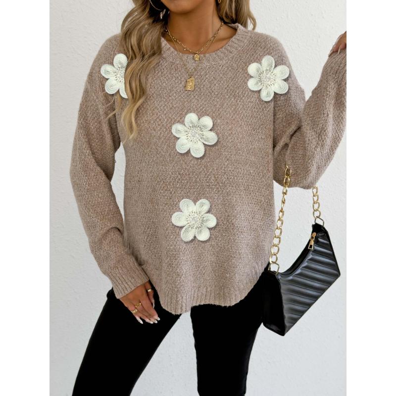 Damen Pullover mit Blumenverzierungen Rundhalsausschnitt Lockerer Schnitt Langarm Strickoberteil Mehrfarbig Lässig Mode Pullover