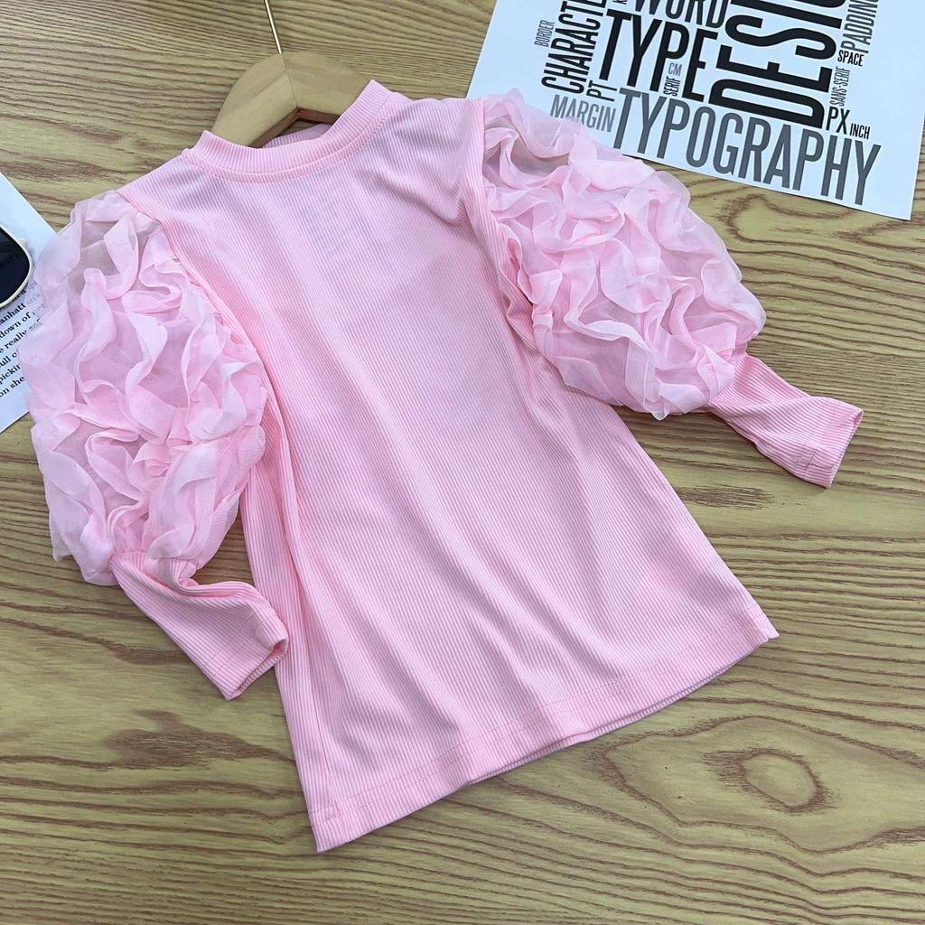2025 Spring/Autumn Stylish Korean Bubble Sleeve Long-Sleeve T-Shirt for Girls