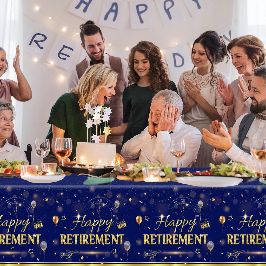 GREHUMOR Happy Retirement Tablecloth 3Pcs-Retirement Party Decorations Blue Gold Tablecloth for Women Men Plastic Rectangle Disposable Table Cover
