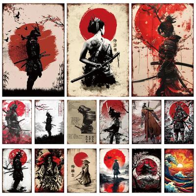Japanischer Samurai Vintage Metallplatte Wohnzimmer Dekoration Gemälde Metall Wandkunst Plakette Retro Blechschild Bar Pub Heimdekor