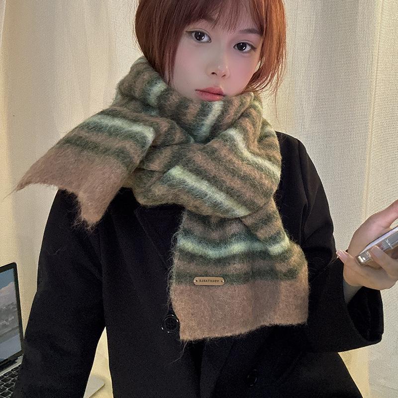 Luochi 2024 Women's Striped Wool Scarf - High-End Winter Fashion for Students