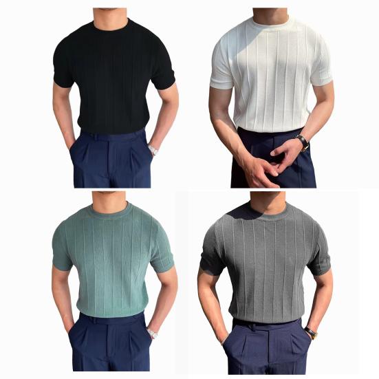 Men Summer T-shirt Round Neck Short Sleeves Solid Color Slim Fit Elastic Pullover Casual Mid Length Straight Men Fitness Sport Gym Top