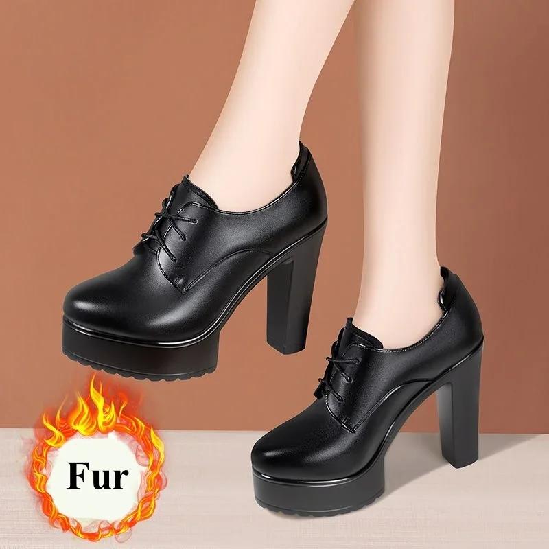

12cm Small Size 33-43 Deep Mouth Soft Leather Oxford Shoes Women Platform Pumps 2025 Fall Block High Heels Shoes with Fur Model 33