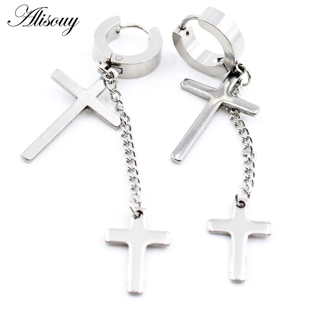 Alisouy 2PCS Stainless Steel Star Cross Snake Spike Skull Sword Blade Chain Feather Spider Dangle Women Men Huggie Hoop Earrings