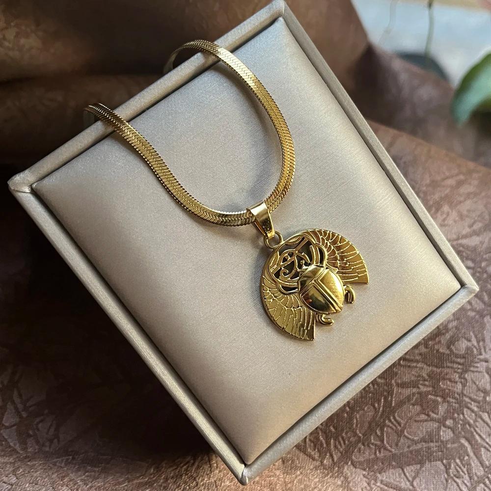 Ancient Egyptian Symbol Scarab Beetle Insect Pharaoh Protection Rebirth Amulet Pendant Necklace Women Stainless Steel Chains Jewelry Gifts
