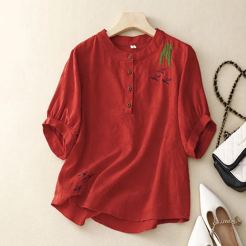 

Literary Retro Jacquard Embroidered Cotton and Linen T-shirt Women s Summer Loose Linen Pullover Top L червоний