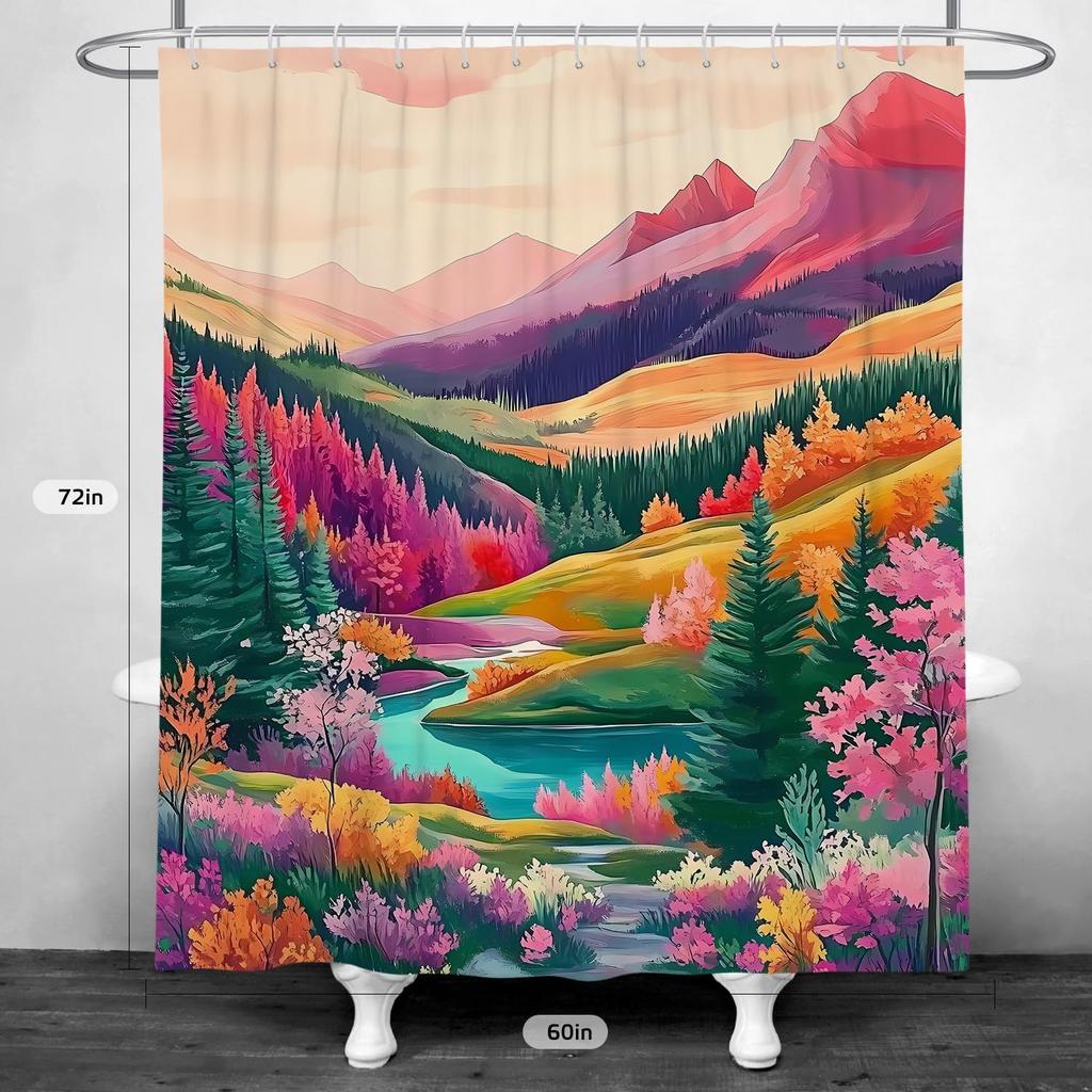 Colorful Shower Curtain for Bathroom Set Abstract Floral Mountain Forest Lake Watercolor Art Bright Natural Painting Landscape