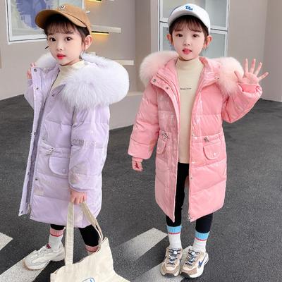 Children's Down Jacket Mid-length Shiny Winter New Style Fashionable Baby Girl Winter White Duck Down Jacket