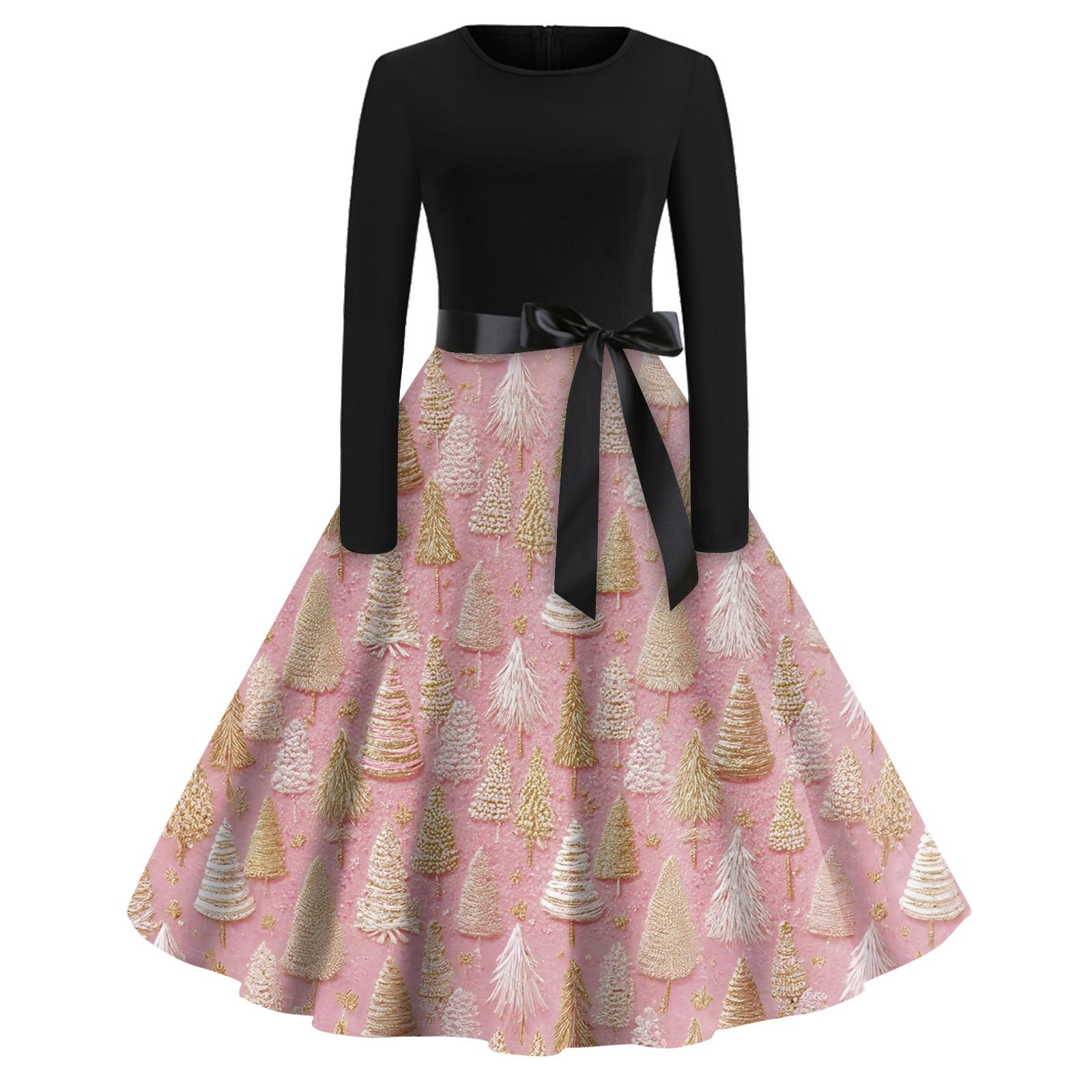 

Платье-клеш с принтом на Хэллоуин для женщин с длинным рукавом, повседневные платья с круглым вырезом и ажурной отделкой L