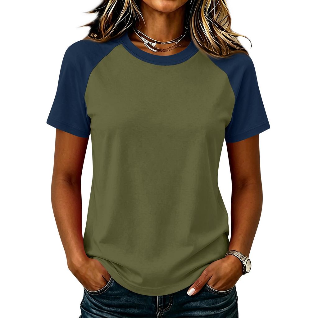 Women Casual Short Sleeve Raglan Sleeve T Shirt Crew Neck Color Block Loose Fit Lightweight Summer Top