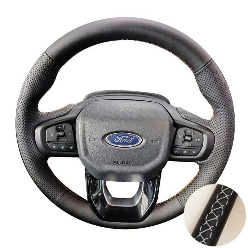 Perforated Leather Cover Hand Sewing Car Steering Wheel Cover Trim Black For Ford Ranger Everest -2024