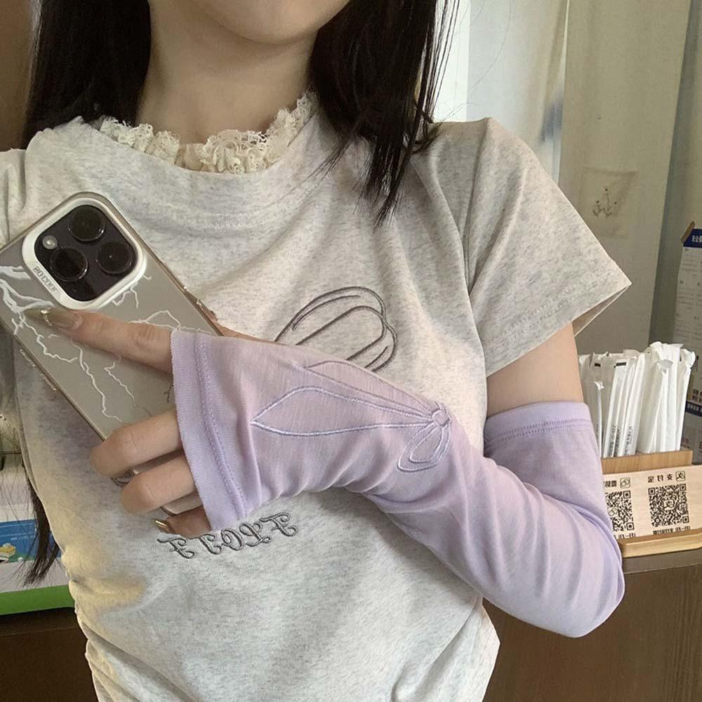 Embroidered Breathable Long Arm Sleeves Sweet Arm Sunscreen Covers Bow Ice Sleeves  Girls