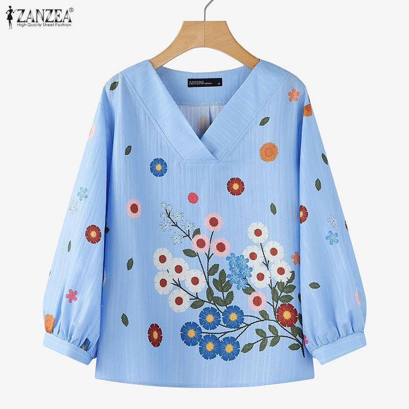 ZANZEA Women Casual V-Neck 3/4 Sleeve Loose Floral Print Blouse