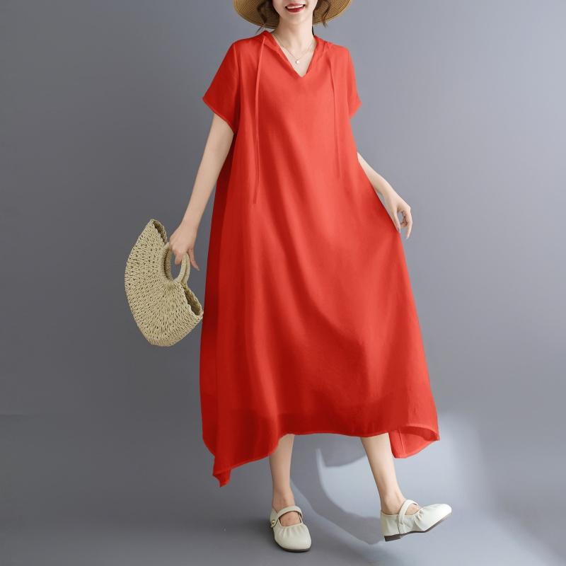 DIMANAF New 2025 Plus Size Summer Dress Women Solid Basic Vintage Casual Hooded Dress Loose Dress Maxi