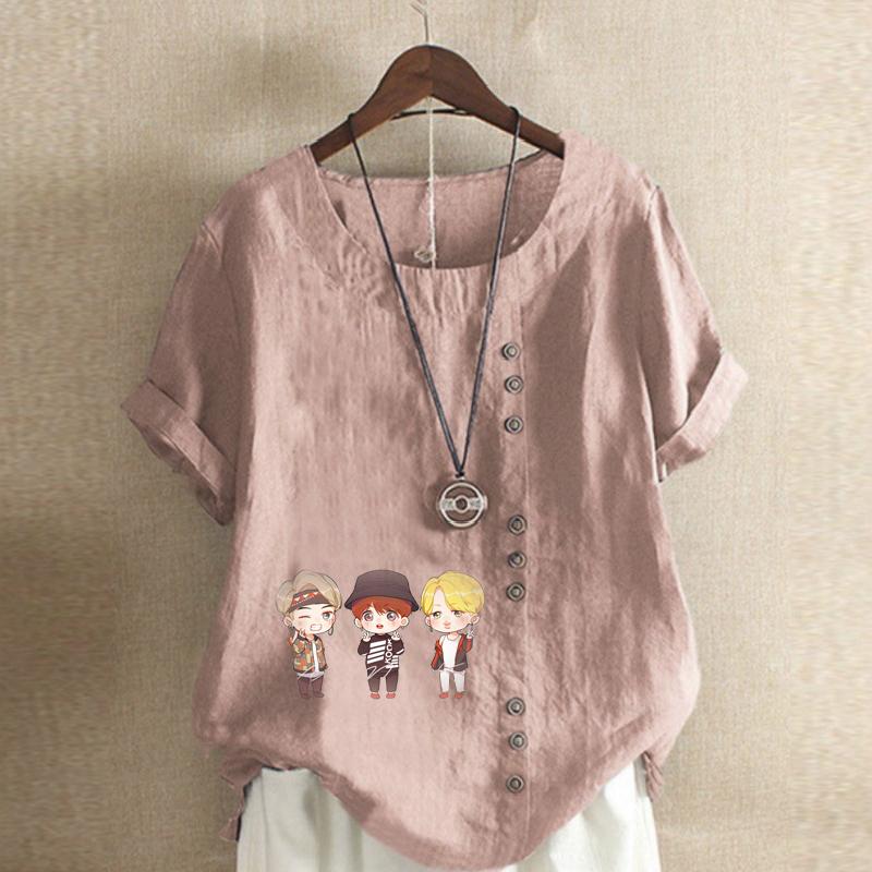 Damenmode Rundhals Kurzarm T-Shirt Lässig Baumwolle Leinen Grafik Shirt Freizeit Locker Singender Junge Bedruckt Sommer Bluse Tops