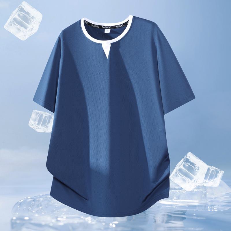 Sommer løs ensfarvet kortærmet t-shirt til mænd, Is silke t-shirt