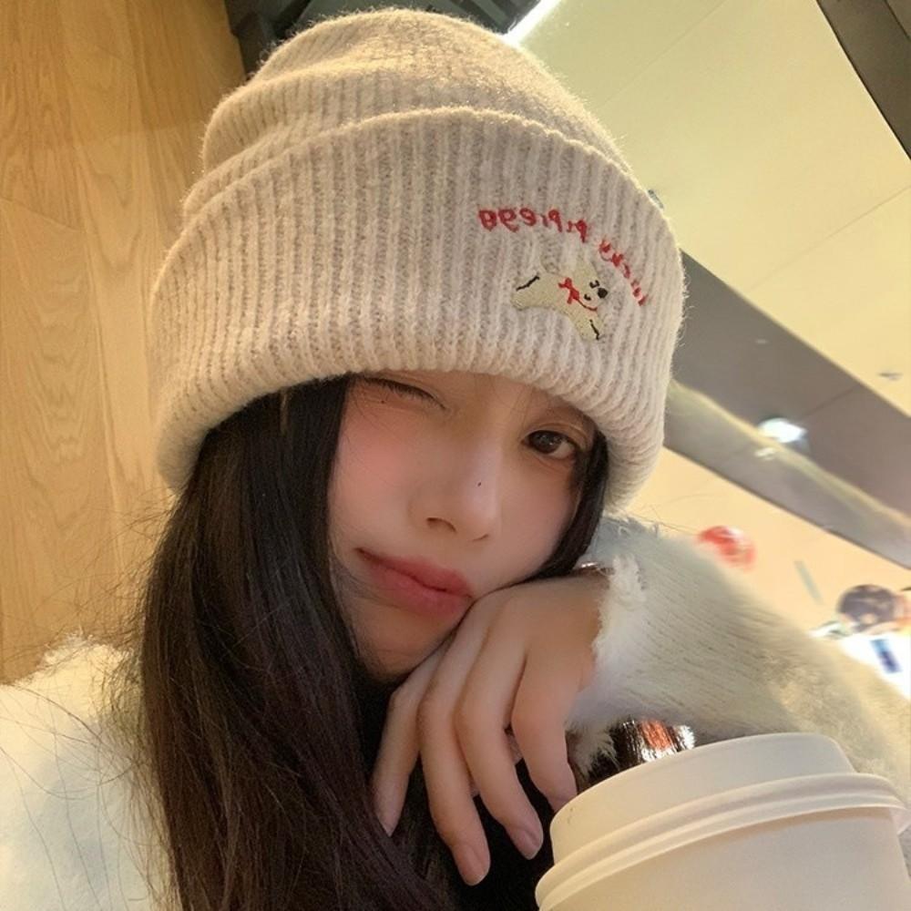 Puppy Embroidery Winter Knitted Hat Winter Warm Crochet Bonnet Hat Cute Beanie Cap