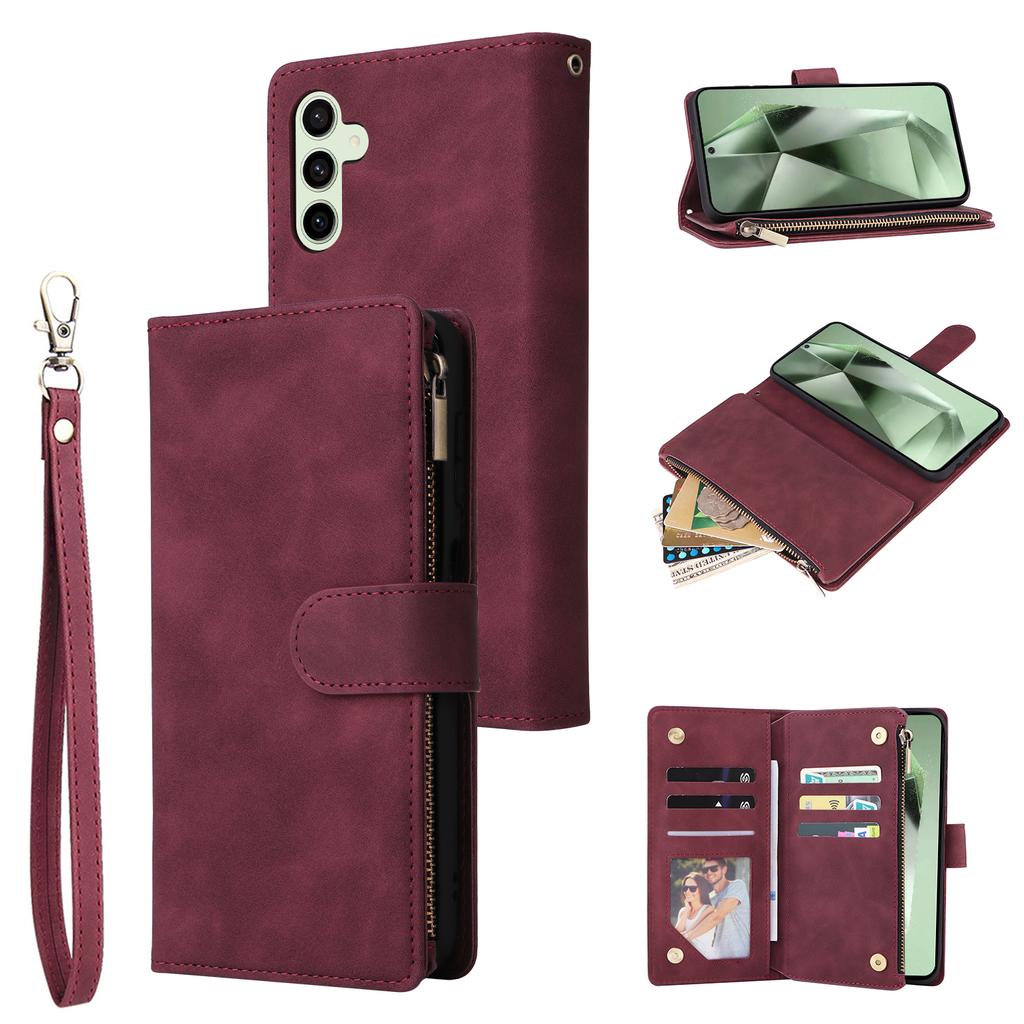 For Samsung Galaxy S25 FE Case Zipper Wallet Multiple Card Slots Leather Phone Cover with Wrist Strap